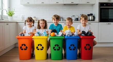 Kids Recycle Fun: Five young children smiling gleefully as they sort trash in colorful recycling bins. Capturing the spirit of environmental responsibility and the importance of reducing, reusing.