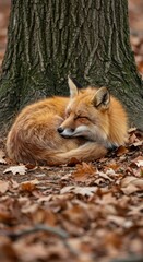 Naklejka premium Red fox resting under tree, autumn leaves