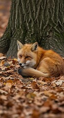 Obraz premium Red fox resting beneath tree in autumn leaves