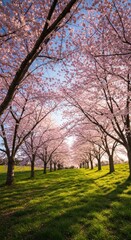 Fototapeta premium Pink cherry blossoms, sunlit path