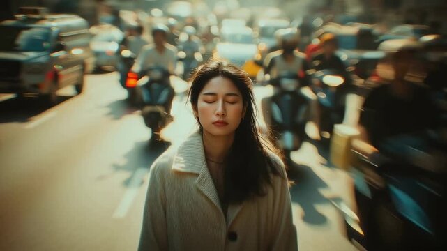 Asian woman standing still with eyes closed amid fast-paced urban street filled with scooters and traffic rushing past her