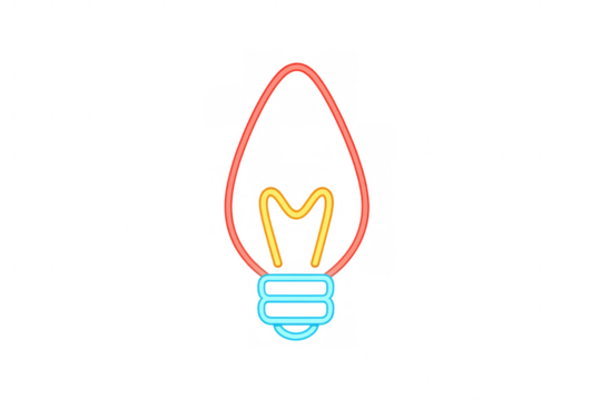 Vibrant neon light bulb glowing against transparent surface, symbolizing innovative creative thinking