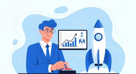 A businessman in a blue suit presses a red button symbolizing a business launch with a rocket and upward trending graph on a screen