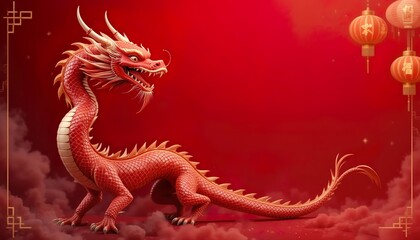 Obraz premium Red Chinese dragon with golden details floating in the air during Chinese festival, with lanterns and smoke on red background.