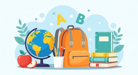 A collection of school supplies including a globe books an apple and a backpack set against a light blue background with letters a and b