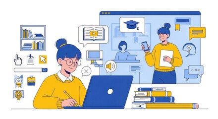 A young student with glasses is focused on her laptop while another student holds a phone and paper in an online learning environment