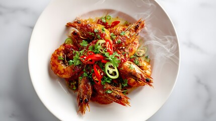 Top-down view of spicy chili prawns with visible steam on white plate.

