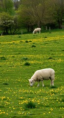 Sheep grazing in a field of dandelions