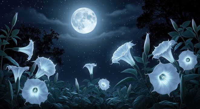 Glowing white moonflowers bloom under a full moon and starry night sky datura night blooming flower