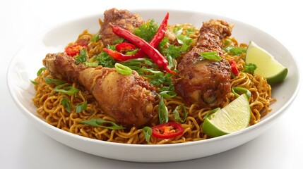 Fototapeta premium Top-down view of spicy fried noodles with two crispy chicken drumsticks and lime wedges. 