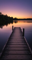 Calm wooden dock on serene lake at sunrise