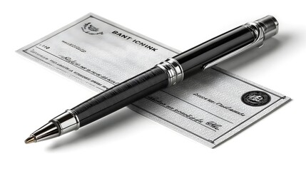 A black pen rests on a check.