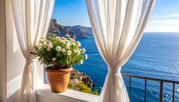 Coastal balcony view with white curtains and flowers - Powered by Adobe