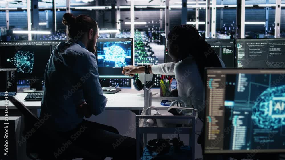Poster data center admin teaching intern to monitor neural network using ai. it expert and african american