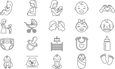 Fototapeta premium Vector art of a collection of line art icons representing babies, motherhood, and early childhood elements isolated on white background