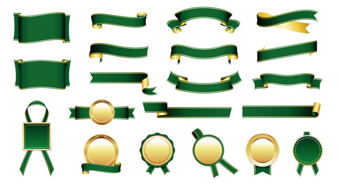 Elegant Green and Gold Ribbon and Badge Set – Vector Decorative Elements for Awards and Celebrations
