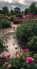 Pink peony garden path