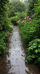 Obraz premium Wet garden path lined with flowers