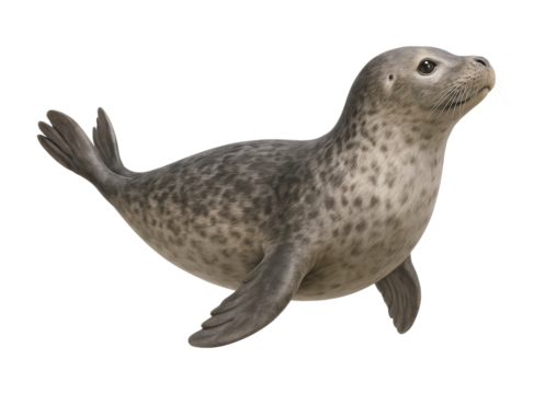 A cute young harbor seal pup with a spotted grey coat swimming and looking up curiously, Isolated on Transparent and White Background
