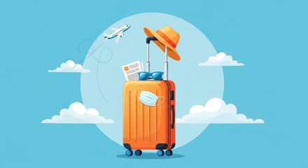 An orange suitcase with a hat sunglasses and face mask is ready for a flight with an airplane in the sky