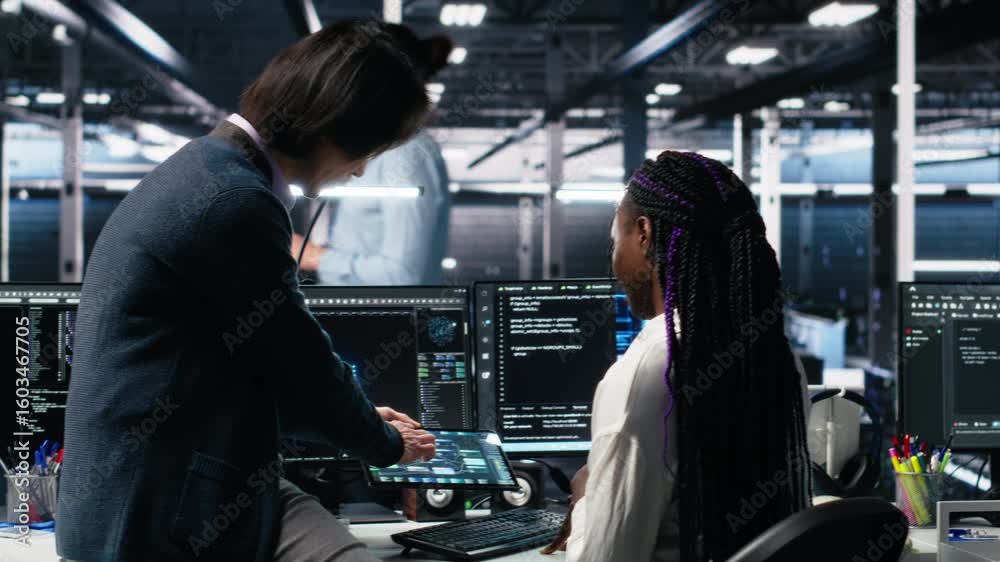 Poster multiethnic team in diverse data center coding with generative ai assistance. asian man oversees wor