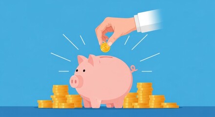 A hand is dropping a gold coin into a pink piggy bank surrounded by stacks of gold coins on a blue background