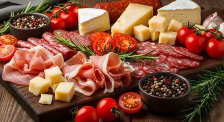 Assorted Gourmet Platter with Cured Meats, Cheeses, Tomatoes, and Herbs