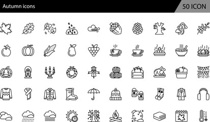 Autumn icons set.  Collection of fall related objects, food and drinks, holidays, celebrations. Outline Icons set. Vector illustration.