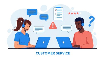 Customer service representatives a man and a woman wearing headsets and using laptops to provide online support and assistance