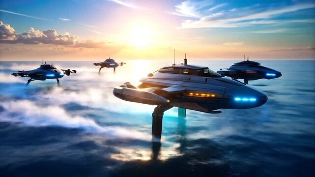 Futuristic Watercraft Racing at Sunset Seascape