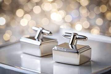 A pair of elegant silver cufflinks rests on a reflective surface with bokeh lights