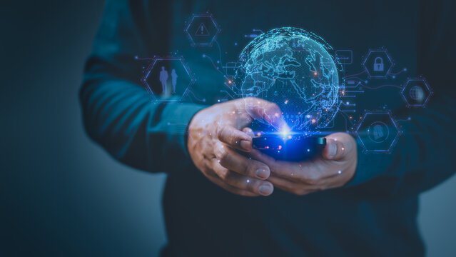 Person using a smartphone with a digital Earth surrounded by virtual network icons. Concept of global connectivity, digital technology, cybersecurity, and data communication in a modern world. - Powered by Adobe