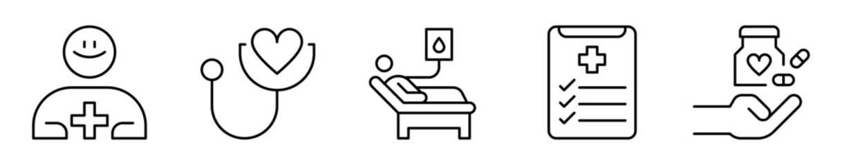 Obraz premium Conjunto de iconos de atención médica y salud. Cuidado, diagnóstico y tratamiento. Asistencia sanitaria, monitoreo cardiaco, terapia intravenosa, historial clínico y medicamentos