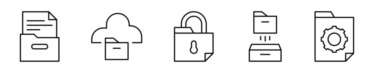 Conjunto de iconos de archivos. Gestión documental y almacenamiento. Archivo físico, documento en la nube, archivo protegido, organización de documentos y configuración. Ilustración vectorial
