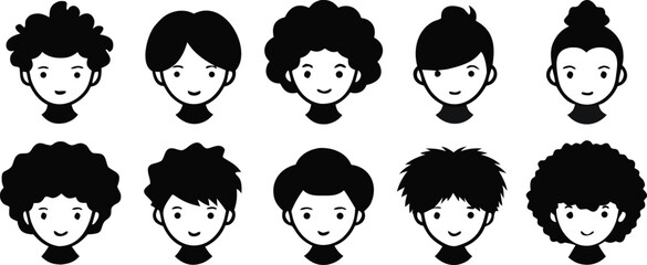 Ten diverse black vector avatars with varied hairstyles and simple facial features on white