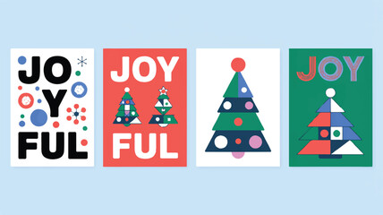 Four minimalist Christmas greeting cards with geometric trees