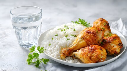 Fototapeta premium White plate filled with coconut rice and golden fried chicken drumsticks, served with a glass of water. 