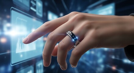 A person's hand wearing a futuristic smart ring points at a glowing digital interface with data charts.