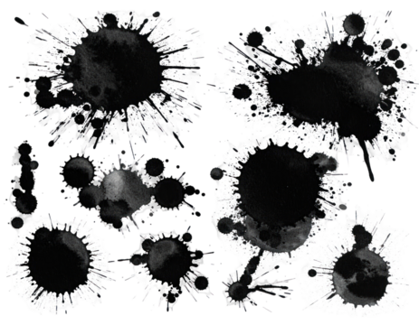 Black Ink Splatter Compilation Isolated on White Background with Grunge Texture and Abstract Design Elements