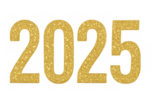 Golden glitter numbers forming 2025 on transparent background, celebrating the new year with sparkling festive typography - Powered by Adobe