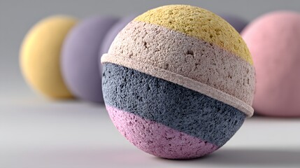 Close-up view of colorful bath bombs.