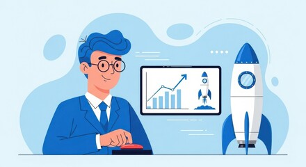 A smiling businessman in a blue suit presses a red button with a rocket and a growth chart displayed on a tablet screen
