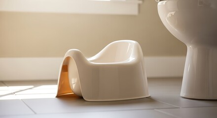 A child's white potty training chair sits on a tiled bathroom floor next to a toilet, illuminated by soft natural light.