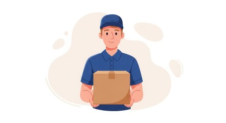 A friendly delivery man in a blue uniform and cap holds a brown package box while standing against a white background with abstract shapes