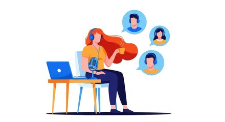 A woman with headphones and a microphone is recording a podcast while drinking coffee and interacting with listeners through speech bubbles