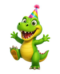 Fototapeta premium A joyful and cute baby dinosaur cartoon character in a vibrant rainbow party hat, happily dancing and celebrating, Isolated on Transparent and White Background