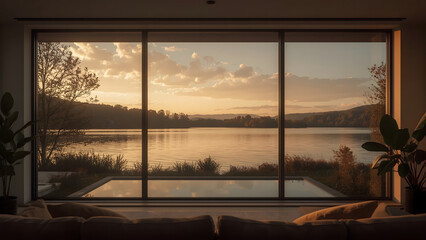 Fototapeta premium Sunset view of a lake from a modern home with sliding glass doors.