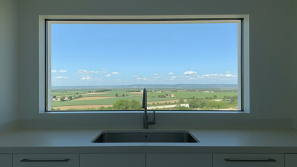 Fototapeta premium Panoramic countryside view framed by a modern kitchen window.