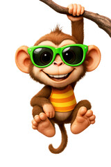 Fototapeta premium Cute 3D cartoon baby monkey with a big smile, wearing green sunglasses and hanging from a branch, Isolated on Transparent and White Background