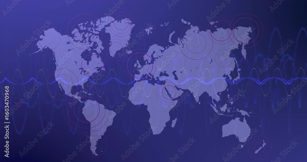 Poster flat world map receiving pulsating waveform then sending concentric pulses visualizing data flow